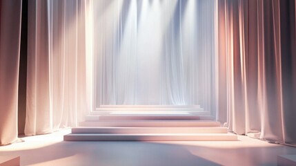 Fototapeta premium A minimalist stage with white steps and flowing curtains, ideal for presentations or events.