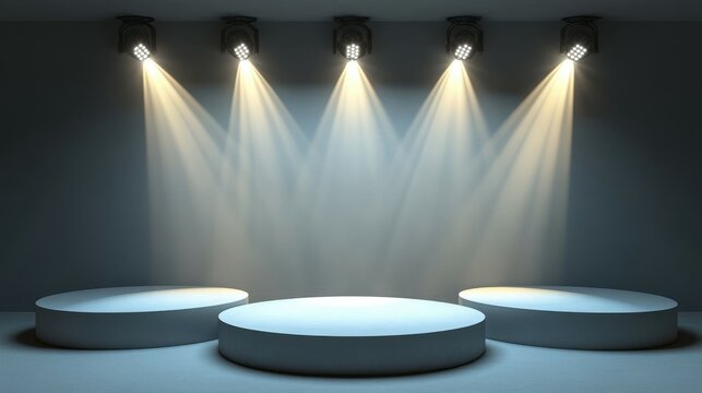 A minimalist stage setup with three circular platforms and spotlighting for presentations or performances.