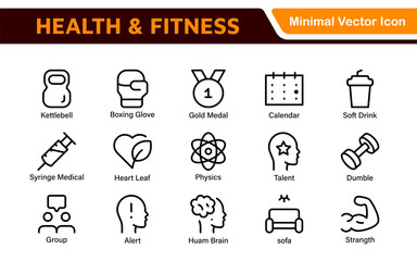 Health and Fitness Icon Set. Vector Icons for Exercise, Wellness, Nutrition, Gym, Yoga, and Healthy Lifestyle