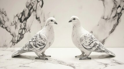 Obraz premium Delicately crafted white dove sculptures were positioned on a smooth stone base, signifying love, peace, and harmony, amidst soft natural lighting and a blurred image of an indoor plant in the