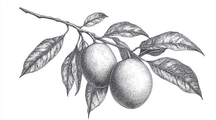 Botanical sketch engraving of a fruit branch with leaves and two plums in a detailed monochrome illustration