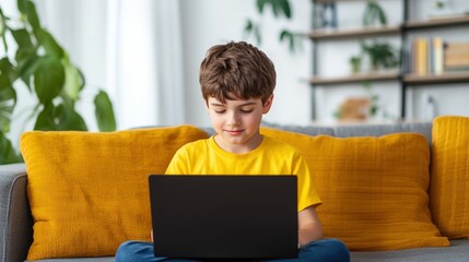 Boy practicing coding a simple game on a laptop in a cozy room, innovative and thoughtful,