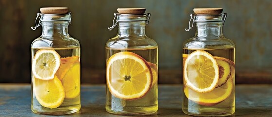 Three Glass Bottles with Orange Slices and a Yellow Liquid