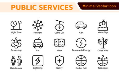 Set of outline Public Services icons. Minimalist thin linear web icon set. Line icons related to public utilities. Gas, electricity, water, heating.