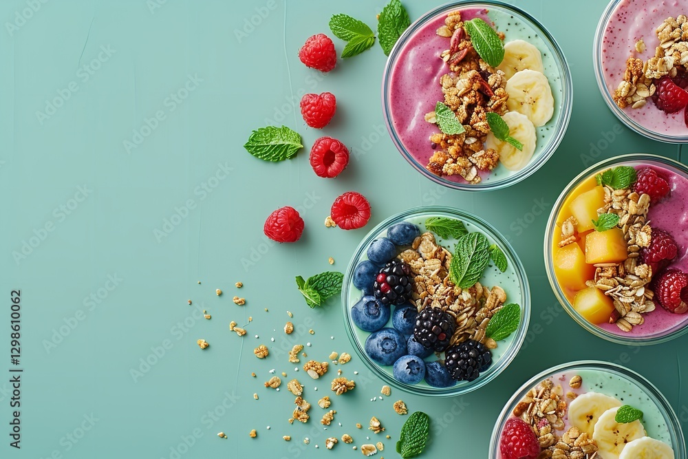 Poster a close-up and aerial view of a vibrant array of nutritious smoothies and yogurt bowls with granola 