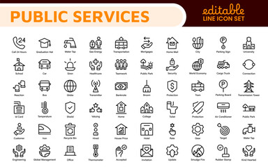 Set of outline Public Services icons. Minimalist thin linear web icon set. Line icons related to public utilities. Gas, electricity, water, heating.