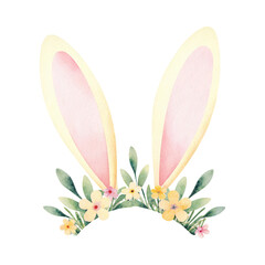 Naklejka premium Easter bunny ears adorned with flowers on a black background. Easter Watercolor Clipart.