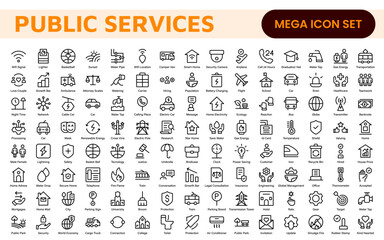 Set of outline Public Services icons. Minimalist thin linear web icon set. Line icons related to public utilities. Gas, electricity, water, heating.