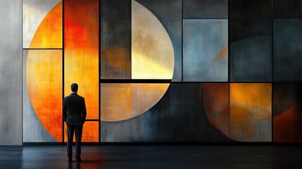 businessman standing in front of abstract mural