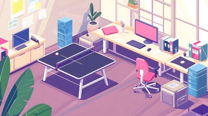 Pixelart Modern Office Interior with Ping Pong Table and Workspace, 8bit Retro Style Digital Illustration of Contemporary Corporate Environment, Creative Company Space with Plants and Desk Areas