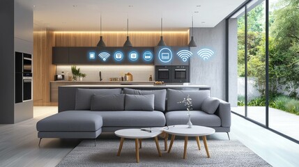 Modern living room with a gray sectional sofa, minimalistic decor, bright natural light, and smart home technology icons, perfect for contemporary interiors and lifestyle content