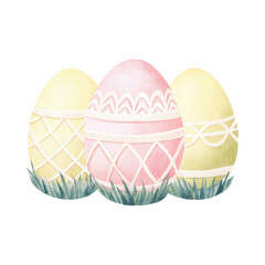 Three decorative Easter eggs in pastel colors, set against a black background. Watercolor Clipart.