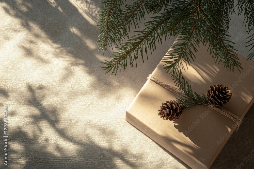 Poster rustic brown gift wrapped with twine and pinecones nestled among green pine branches in warm light. 