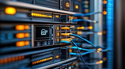 Naklejka premium Server Room Data Center with Network Cables