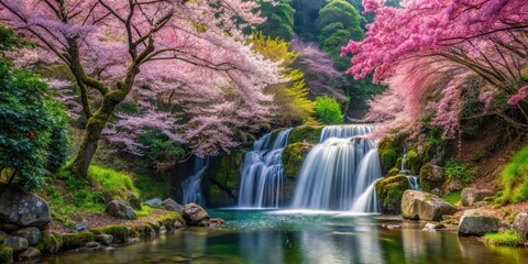 waterfall cascading through a forest with blooming sakura flowers, serene natural scenery , environmental photography , outdoors