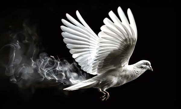 A white dove in flight with smoke-like wisps against a stark black background.