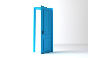 Open the door. Symbol of new career, opportunities, business ventures and initiative. Business concept. White light inside open door isolated on white background. Modern minimal concept.