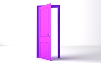 Open the door. Symbol of new career, opportunities, business ventures and initiative. Business concept. White light inside open door isolated on white background. Modern minimal concept.