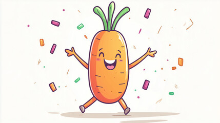 Quirky dancing carrot doodle icon in cartoon style on a white background, perfect for child-friendly illustrations