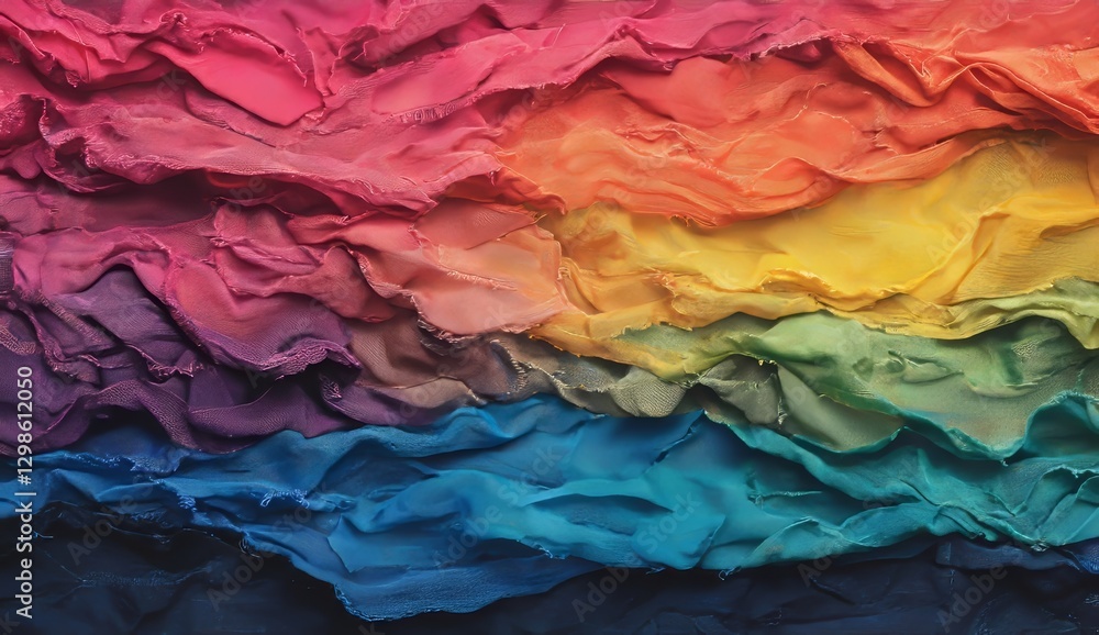 Poster the fabric features a swirling rainbow silk pattern with a textured background as a design element