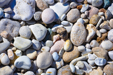 A close-up view of a collection of colorful smooth pebbles in various shapes and sizes on a beach. This natural abstract background ideal for relaxation-themed visuals.