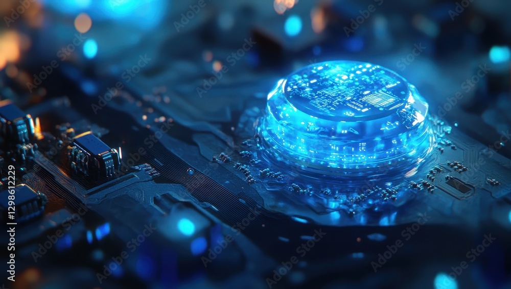 Aufkleber abstract close-up of a futuristic blue circuit board with glowing elements and intricate technologic