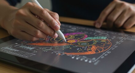 Creative Precision: A hand delicately wields a digital stylus to bring vibrant, intricate designs to life on a cutting-edge tablet device, merging technology with artistic expression.