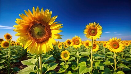 Naklejka premium Bright yellow sunflowers standing tall in a vast open field under a brilliant blue sky with not a single cloud in sight, farmland, sunflowers