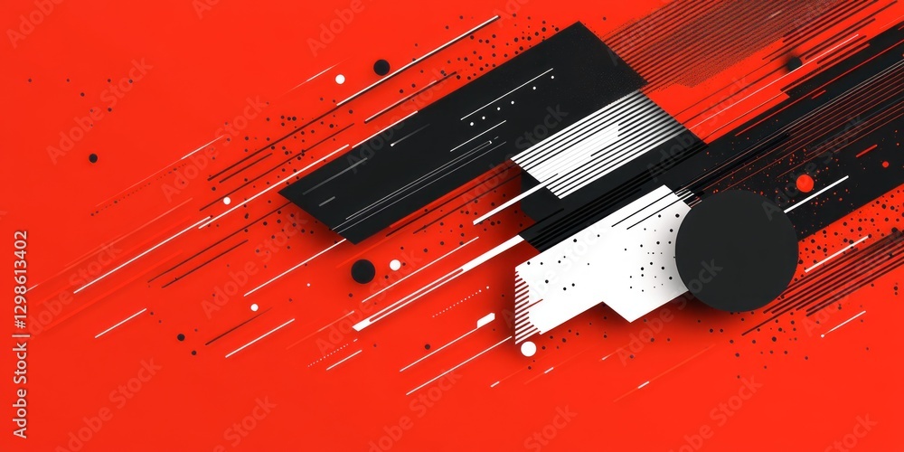 Poster abstract graphic design with dynamic shapes on vibrant red background