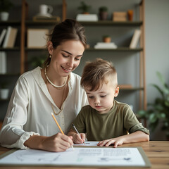 smiling woman and young boy drawing together at a table