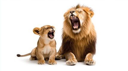 Obraz premium Majestic Lion and Playful Cub Roaring Together in Harmony