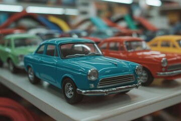 Fototapeta premium Colorful miniature cars displayed on shelf, showcasing vintage c