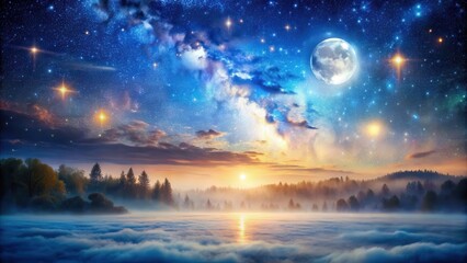 Fototapeta premium Celestial canvas with vibrant stars and moonlight filtering through the atmosphere creating a mystical ambiance, atmospheric lighting effects, clear night sky, foggy landscape