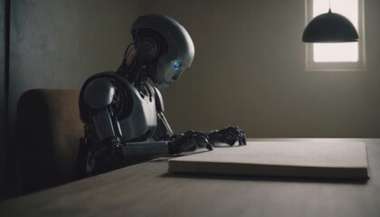 A robot diligently inscribes its notes on a blackboard, showcasing the remarkable fusion of technology and education.
