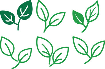 Stylized Illustrations of Leaves with Green Outlines and Fills