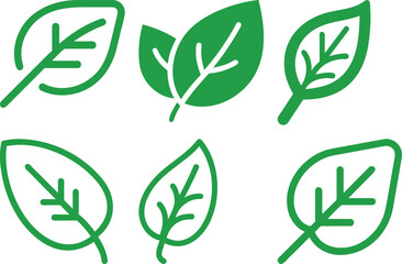 Stylized Illustrations of Leaves with Green Outlines and Fills
