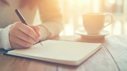Young woman sitting at a desk with a cup of coffee, writing in a notebook, bright and focused environment,