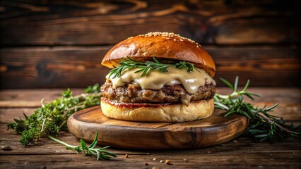 Decadent gourmet burger with creamy foie gras toppings on a rustic wooden board plate