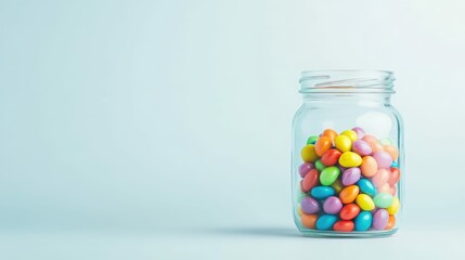 Glass jar with colorful candies on a white background, vibrant tones, studio lighting,