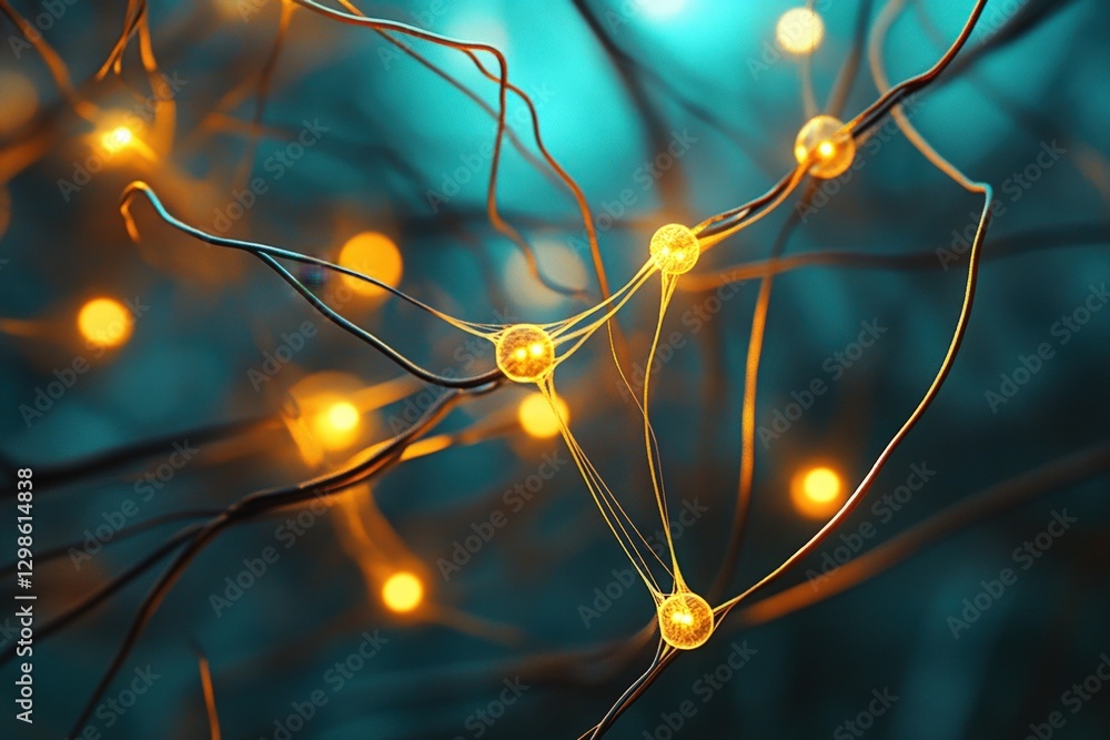 Poster neuron network with glowing nodes and dark connections