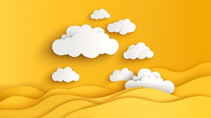 Vector paper clouds.White Cloud on baby yellow sky paper cut design. Vector paper art illustration. Paper cut style. Place for text.