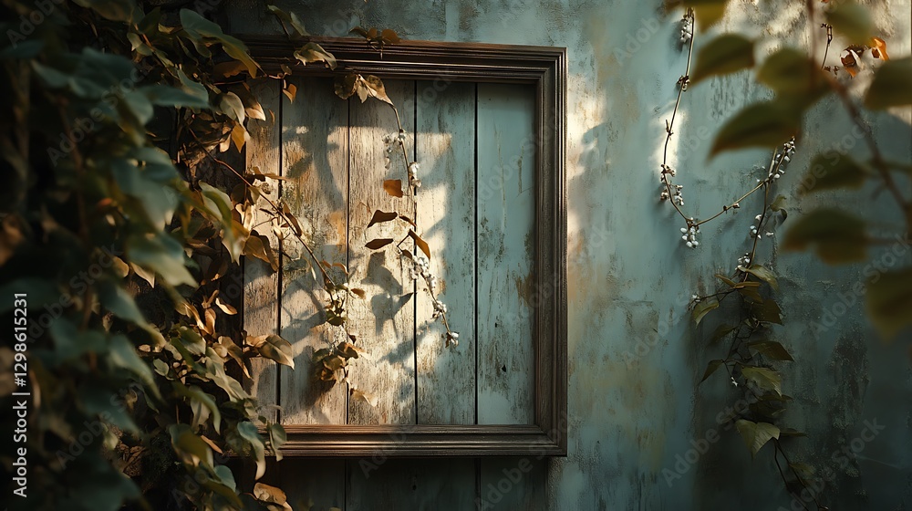 Aufkleber empty frame on rustic wall with growing vines and soft light