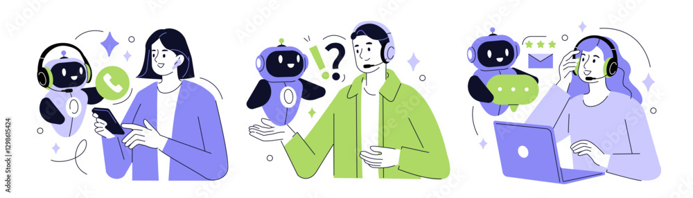 Poster helpdesk set. characters using artificial intelligence generative tools for communication. call cent