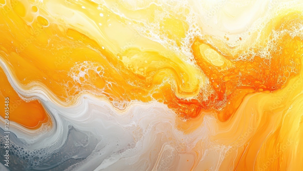 Poster abstract colorful swirl of bright yellow and orange paint creating fluid art pattern with soft gray 