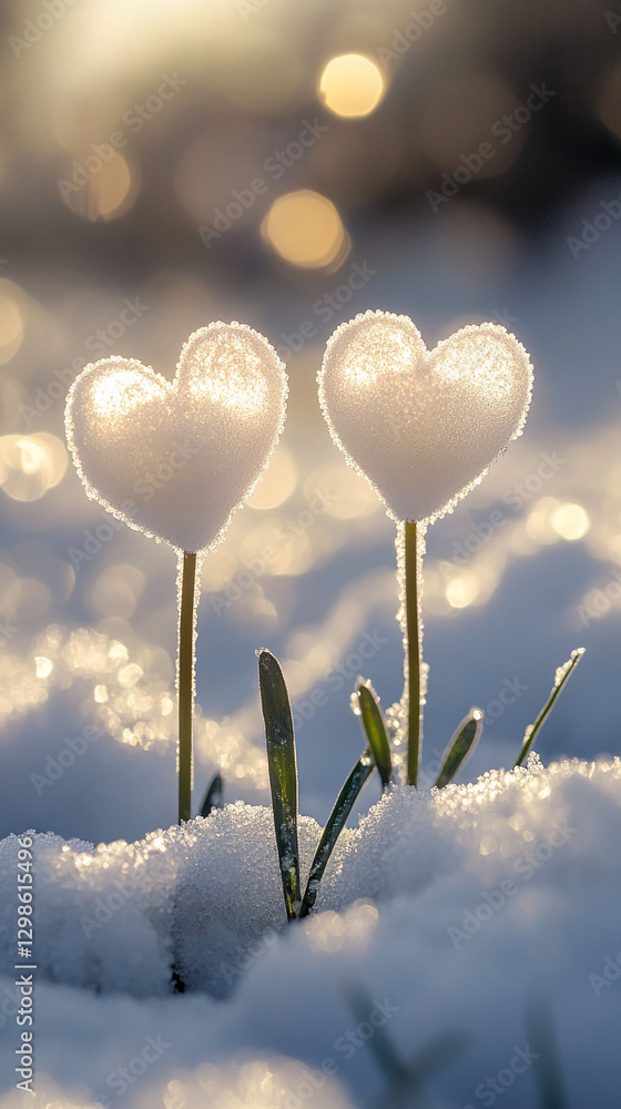 Poster Two heart-shaped flowers covered with frost growing in the snow with soft sunlight and bokeh in the background, symbolizing love, winter, and the beauty of nature.