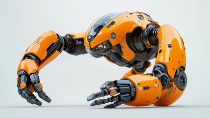 Fototapeta premium A multi-armed industrial robot in vibrant orange, set on a neutral white background 