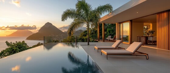 luxury villa with infinity pool overlooking ocean at sunset