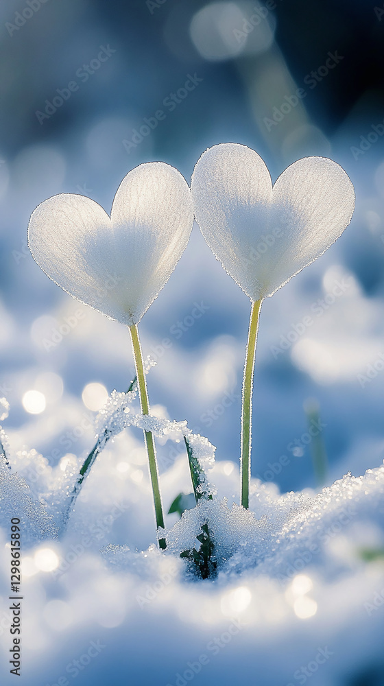 Poster two heart-shaped frost-covered flowers emerging from the snow, surrounded by ice, with soft bokeh in