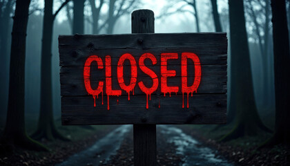 Mysterious forest path with eerie closed sign for halloween theme