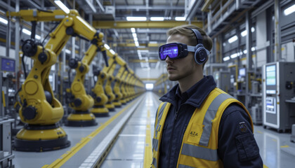 Fototapeta premium worker wearing augmented reality glasses and headphones stands in modern factory with robotic arms, showcasing advanced technology and automation in industrial settings